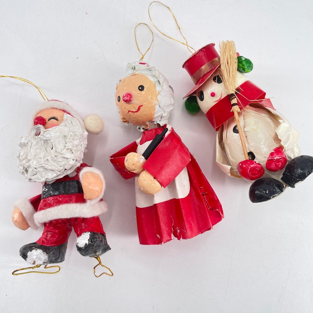 Mid Century Christmas Ornaments Santa Mrs Claus Snowman Mache Crepe Paper